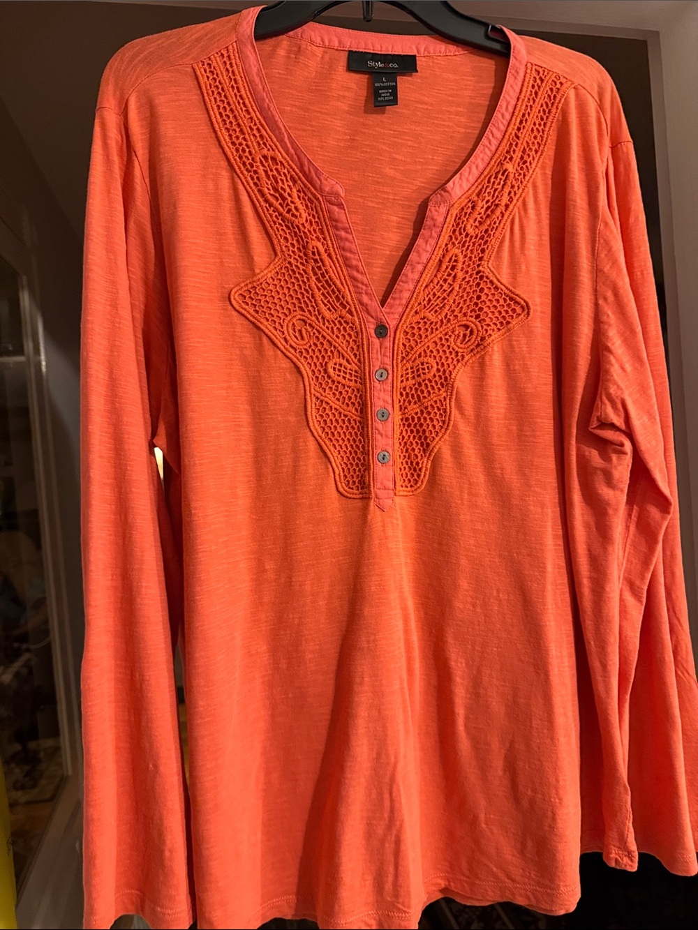 Style & Co. Orange Crochet-Trim Long Sleeve Henley Top like new size large